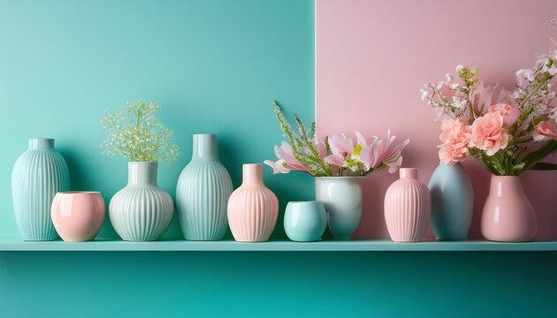 pastel vases arranged on a teal shelf against a pink and mint backdrop showcasing various shapes and floral accents in soft colors