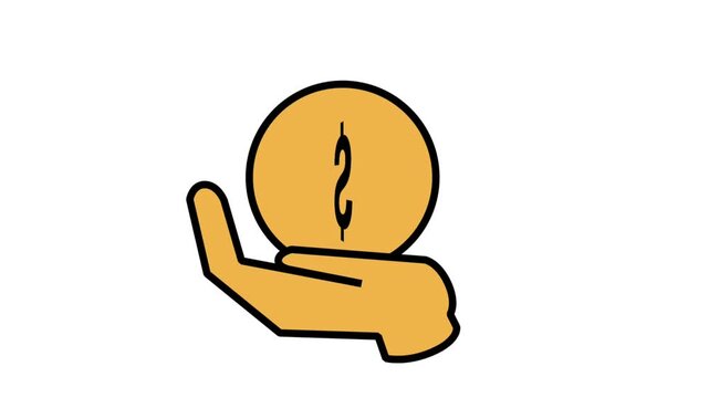 Animated hand holding a large golden dollar coin, representing financial support, wealth generation, direct investment, banking services, and savings.