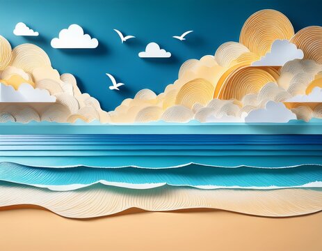 sea beach with sky and cloud made of paper cut paper art background