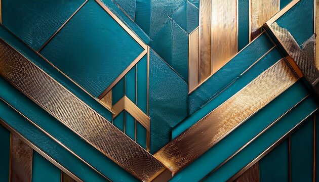 textured teal and gold abstract background featuring overlapping geometric shapes with sharp angles and smooth lines creating depth and contrast