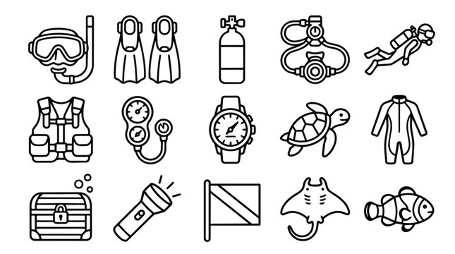 Diving Equipment and Marine Life Icons Set