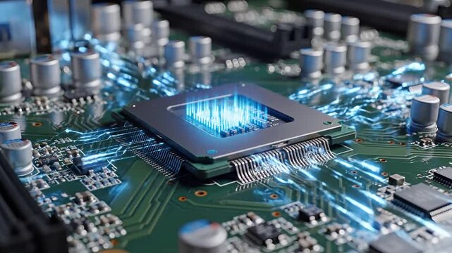 Closeup of a glowing computer processor on a circuit board with blue energy streams.