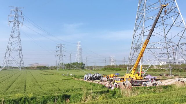 Construction scene with power line towers and workers under high voltage transmission lines in a green field