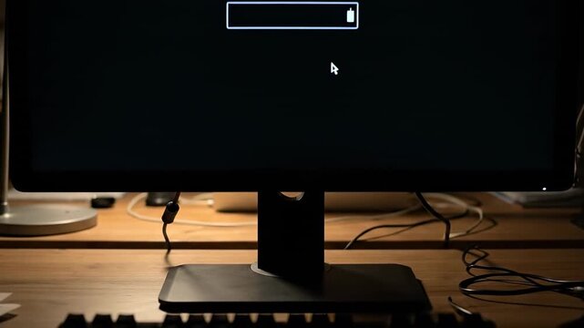 User engages with computer showing loading screen in dimly lit workspace. Cluttered desk contains various equipment and tools. Concept of technology, computer use, workspace design
