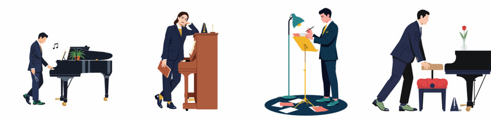Flat illustration set of professional musicians and technicians working with grand and upright pianos, including tuning, composing, and preparing for a performance. © Pino