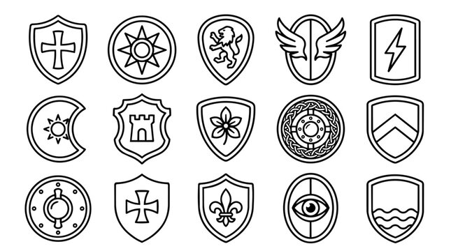 Set of various decorative shield and crest line icons