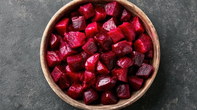 Top view of  wooden bowl filled with fresh chopped beet cubes on  textured gray stone surface