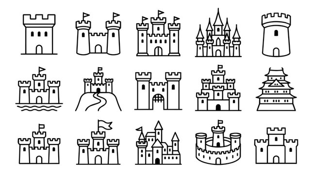 Set of various castle and tower outline icons