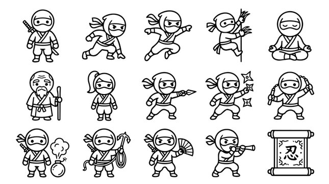 Cute cartoon ninja character set