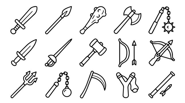 Outline medieval fantasy weapons and tools collection