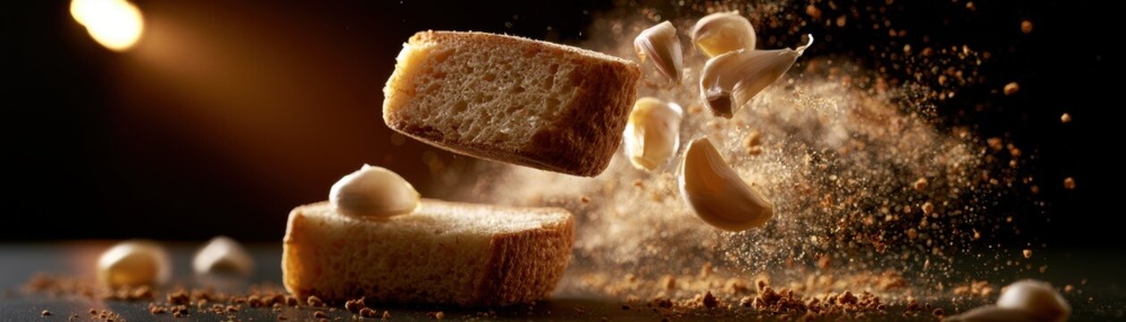 Slices of toasted bread falling with fresh garlic cloves and seasoning particles in the air