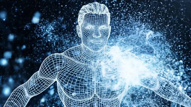 Digital Human Form Glowing With Energy In Cosmic Background.