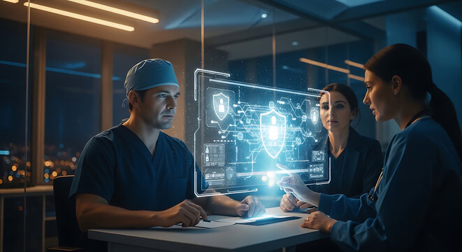 Medical Team Analyzing Patient Medical Privacy and HIPAA Compliance Data via Futuristic Digital Security Interface in a Modern Hospital Office
