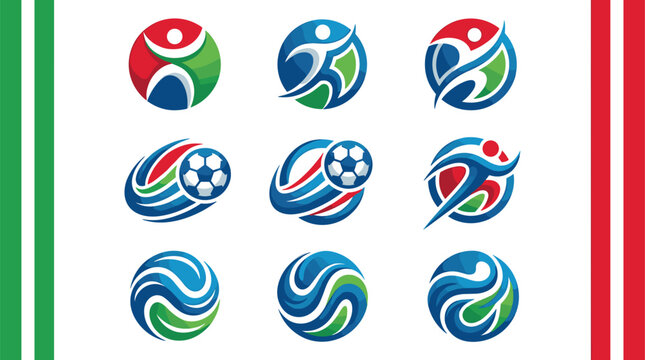 Soccer Football and Athletic Sports Logo Emblem Icon Set with Running Figures and Abstract Dynamic Spheres for Tournament Branding Graphic Designs