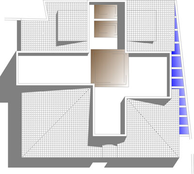 Top-down architectural floor plan showing a building section with a central elevator, tiled rooms, and an exterior staircase. Features grey shadows and detailed wall layouts.