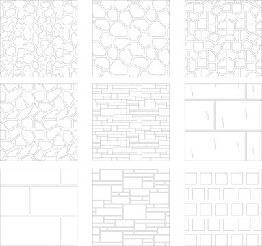 Collection of 9 masonry and paving patterns including random stone, brick wall, flagstone, and tile layouts. Monochrome line art for architectural textures.