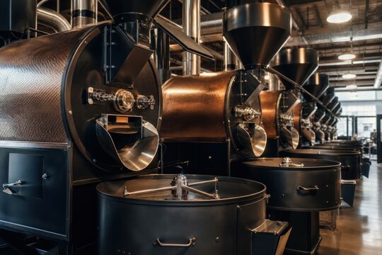 Coffee roasters lined up in modern industrial roasting facility, professional stainless steel equipment in warm atmospheric interior, sleek premium production setting