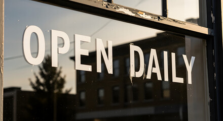 Obraz premium Open daily text sign on a glass window pane of a city shop