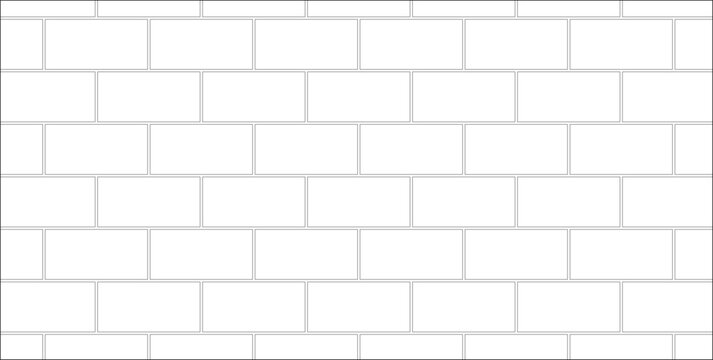 Pattern of brick wall in running bond/stretcher bond layout. Monochrome line art for architectural textures, masonry backgrounds, or construction details.
