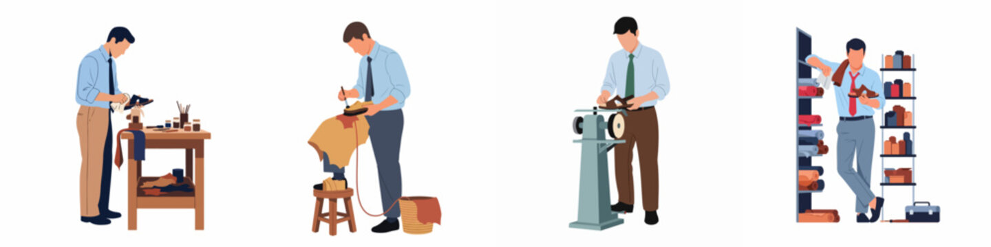 Professional Shoemaker Character Set Engaged in Different Stages of Handcrafted Footwear Production and Repair in a Traditional Workshop Environment
