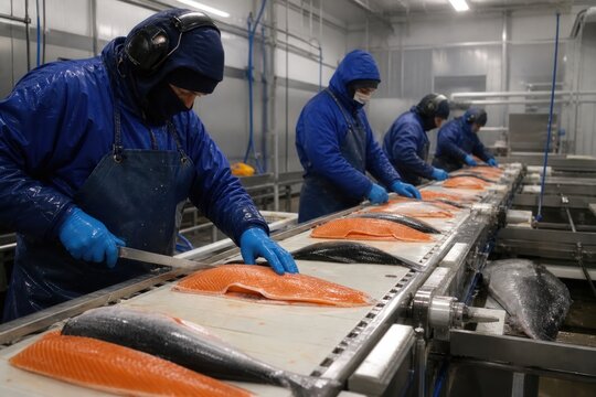 Salmon processing workers filleting fresh fish on conveyor line in modern cold storage factory, focused hygienic industrial seafood production