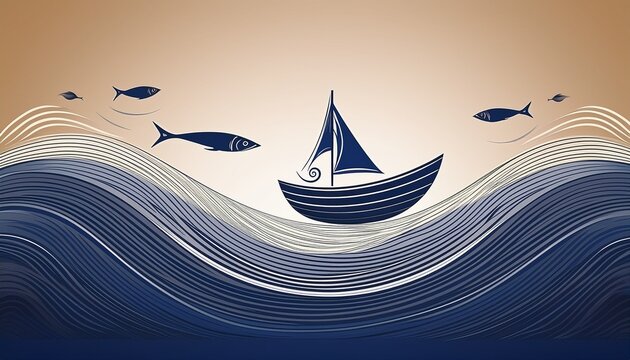 a simple logo with a small boat floating above the water and a fish forming part of the wave shape minimalist linear style