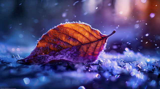 Autumn leaf floating on water with raindrops and sparkling reflections in moody blue lighting