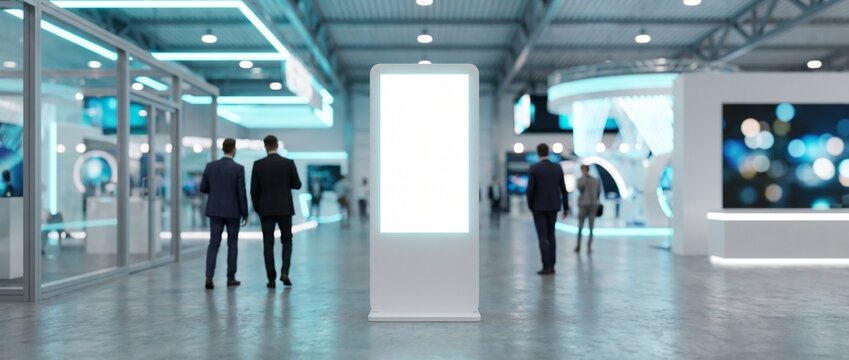 Blank digital advertising screen mockup in a modern exhibition hall. White interactive display kiosk at a corporate tech trade show with blurred business people in the background