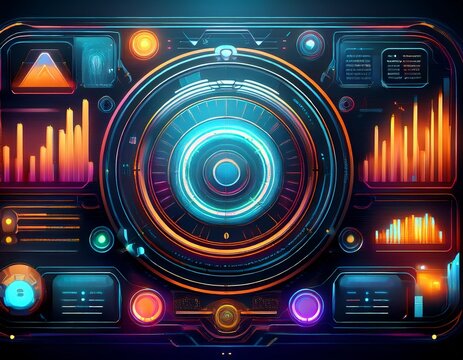 futuristic hud dashboard panel with circular scanner interface data charts power gauge and neon infographic modules on dark background
