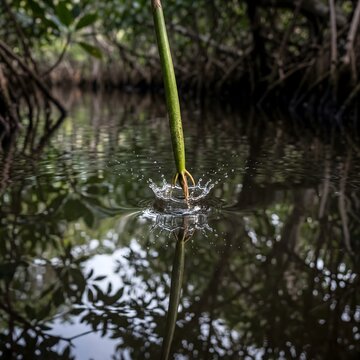 A crucial mangrove propagule splashes into serene waters, symbolizing new growth and the vital importance of conservation this World Environment Day