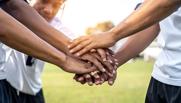 Diverse team of friends stacking hands in a gesture of unity and solidarity on a sunny day, celebrating success, teamwork, and friendship