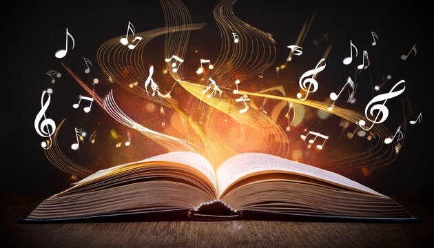 an open book with musical notes swirling out of it symbolizing the power of music and literature
