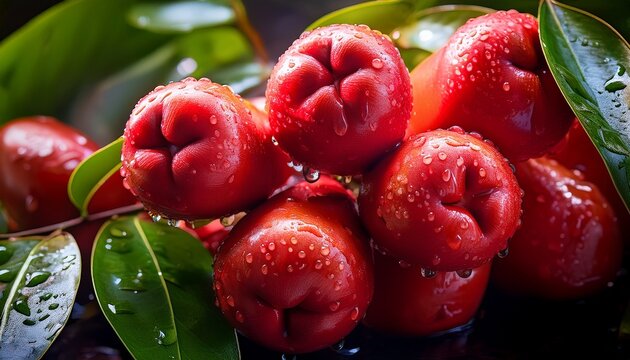 lush cluster of glistening wax jambu fruits after refreshing tropical rain