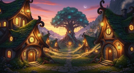 Fototapeta premium Whimsical fantasy village at sunset dusk.