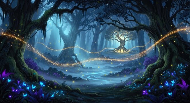 Whimsical fantasy forest with glowing lights.