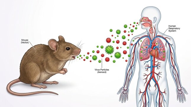 Hanta virus transmission mouse vector aerosol particles and human respiratory system illustration