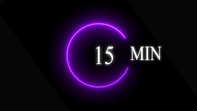Neon Purple Circular Timer  15 Minutes Animated circular timer shows 15 minutes remaining, glowing neon Purple on black background 