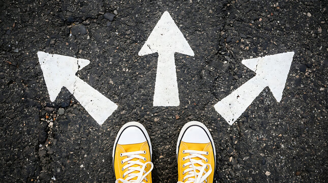 Person wearing yellow sneakers standing on asphalt road with three white arrows