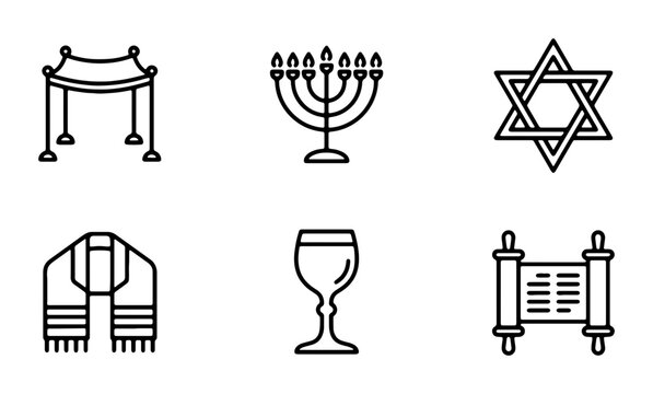Jewish Symbols Icons Set, Religious Cultural Elements, Star of David, Torah Scroll, Menorah, Kiddush Cup