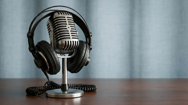 Vintage microphone with headphones on a stand sits on a wooden table indoors
