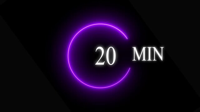 Neon Purple Circular Timer 20 Minutes Animated circular timer shows 20 minutes remaining, glowing neon Purple on black background 