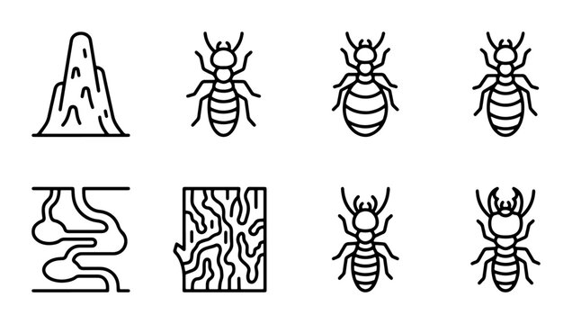 Termite Icons Set, Insect Colony Vector Graphics, Pest Control Symbols, Wildlife Illustration