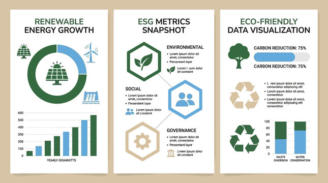 Visualizing Sustainable Growth Infographic Set on Renewable Energy, ESG Frameworks, and Environmental Impact Data for Corporate Responsibility
