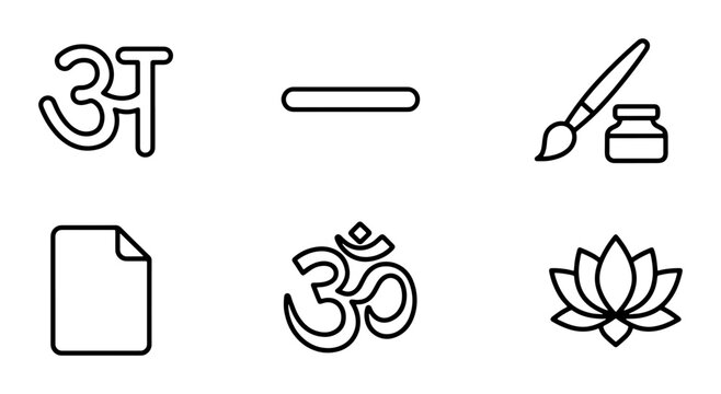 Devanagari Alphabet, Om Symbol, Lotus Flower, Brush and Ink Icons Set
