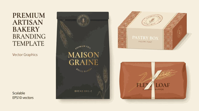 Versatile Vector Graphic Template for Premium Artisan Bakery Product Packaging, Showcasing Elegant Branding Mockups for Flour, Pastries, and Bread Items with a Sophisticated Design Concept