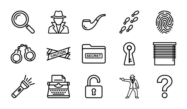 Detective Icons Set, Mystery Clues Vector Graphics, Investigation Symbols Collection