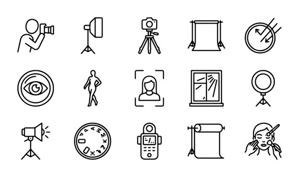 Photography Icons Set: Camera, Lighting, Studio Equipment, Portrait, Eye, Window, Ring Light