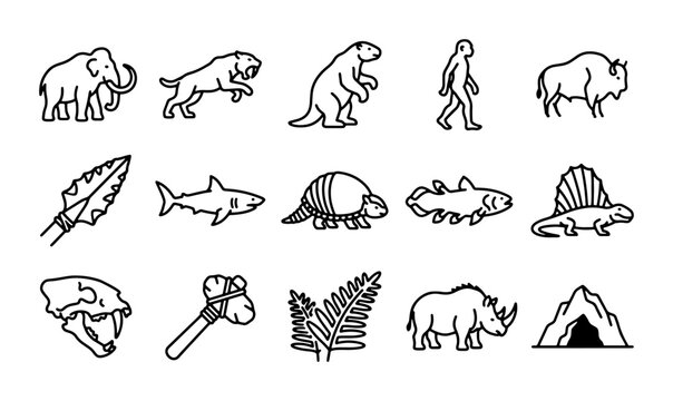 Prehistoric Life Icons Set, Ancient Animals and Tools Collection, Primitive Human and Extinct Creatures Vector Graphics