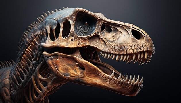 detailed tyrannosaurus rex skull fossil displayed against a dark moody background