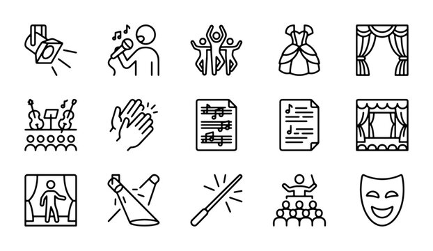 Performance Icons Set: Stage, Music, Dance, Theater, Spotlight, Mask, Conductor